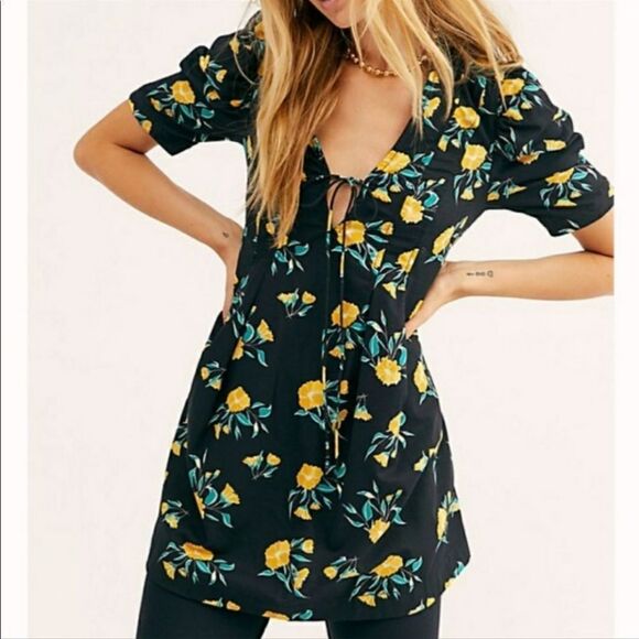 NWT Free People Adelle Floral Printed Mini Dress Tunic with Puff Short Sleeves - Picture 7 of 12